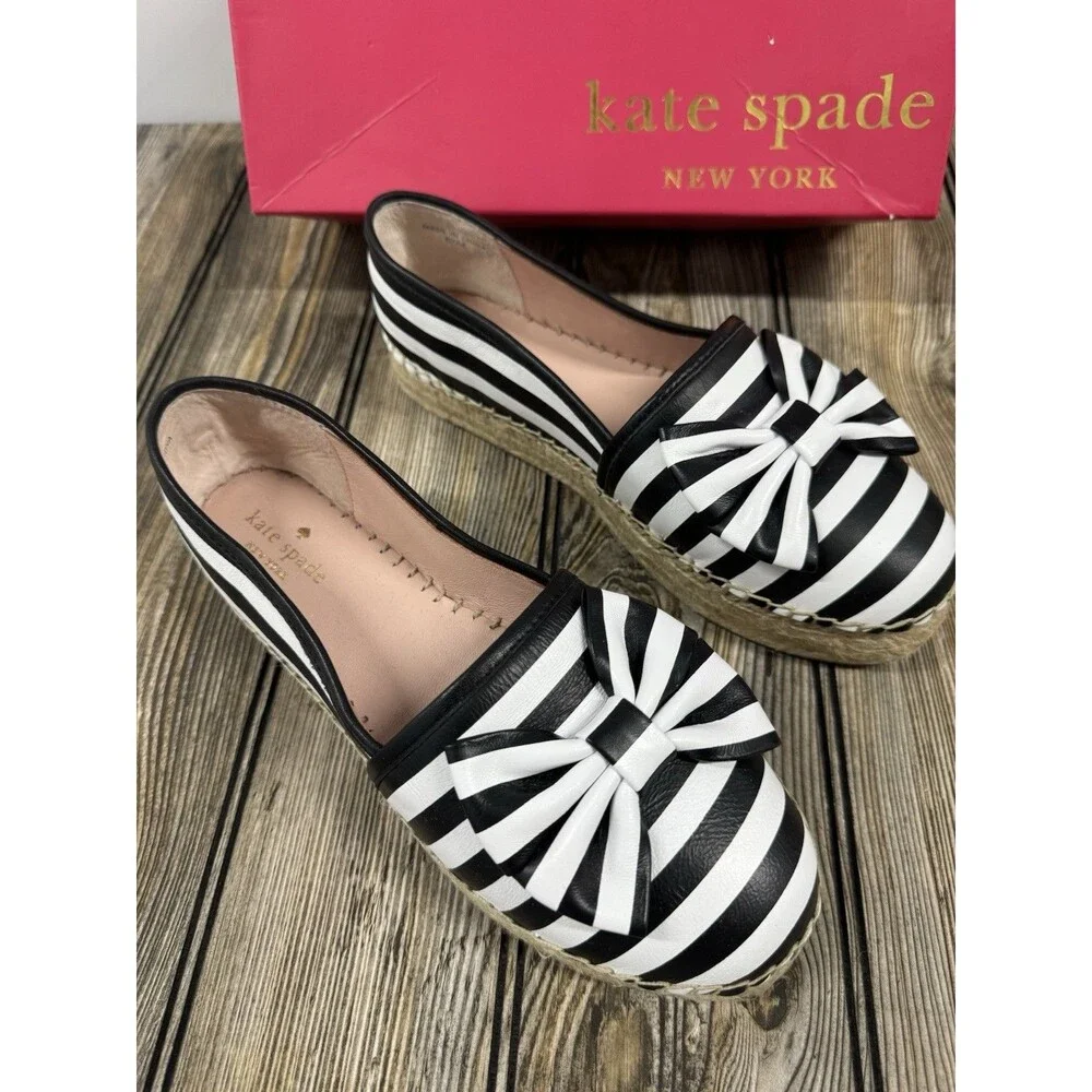Kate Spade NY LINDS Striped Leather Bow Espadrille Flats Black White Sz 8 1/2